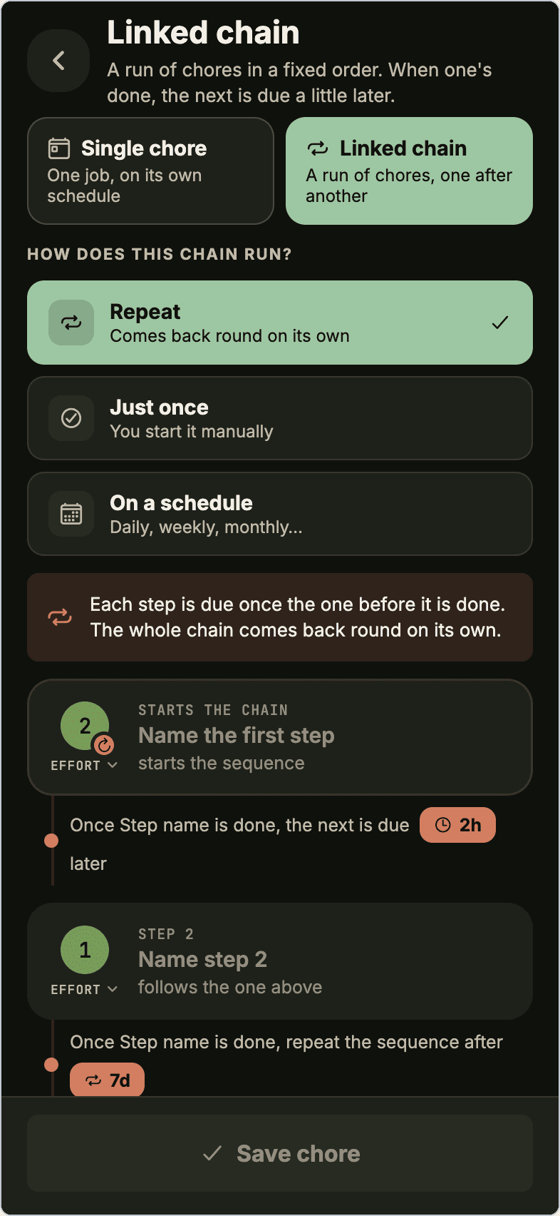 The delay between steps and the repeat of the chain