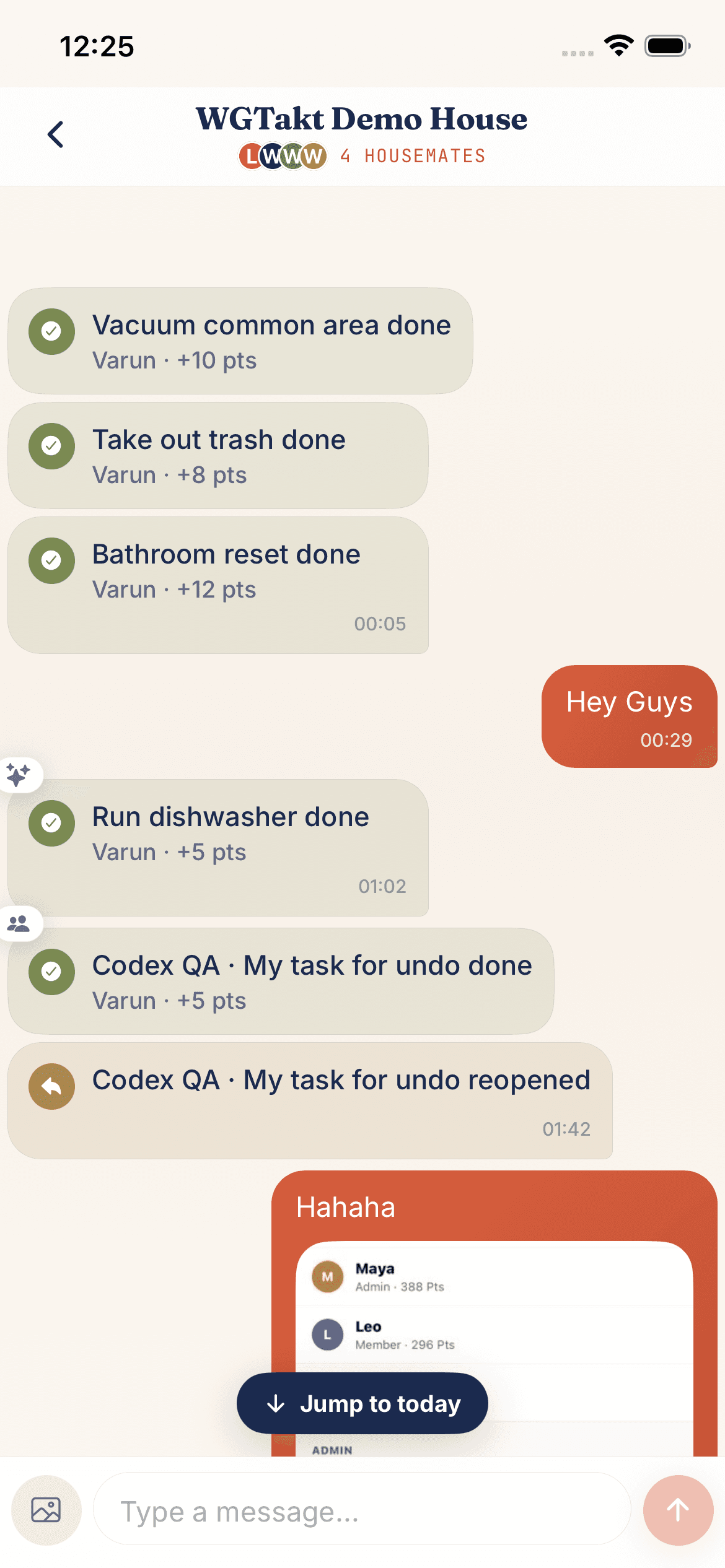 WGTakt house chat screen with activity receipts