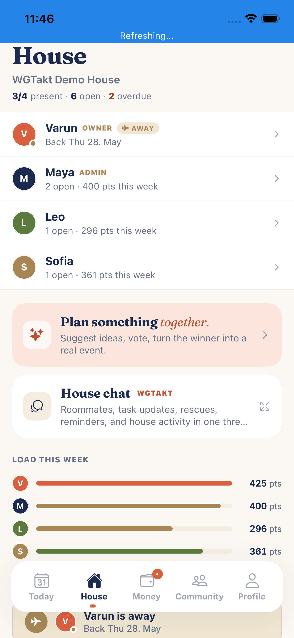 WGTakt Today screen showing chores and inbox state
