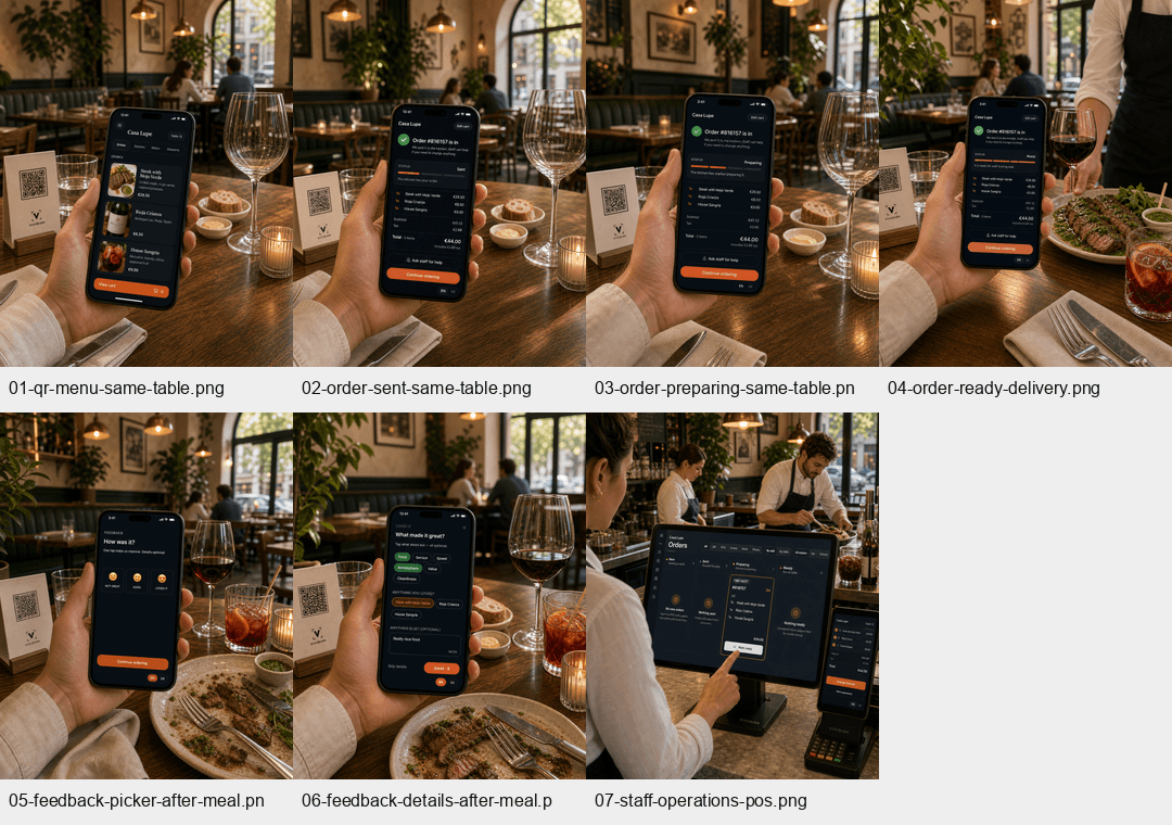 Vividish QR order and feedback flow contact sheet