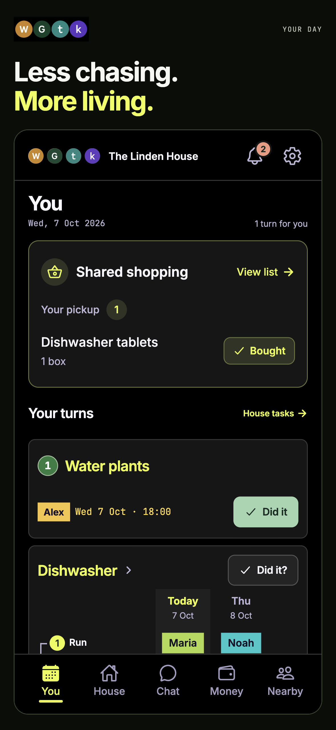 WGTakt marketing screen showing a shared shopping item and a plant watering task in an example household.