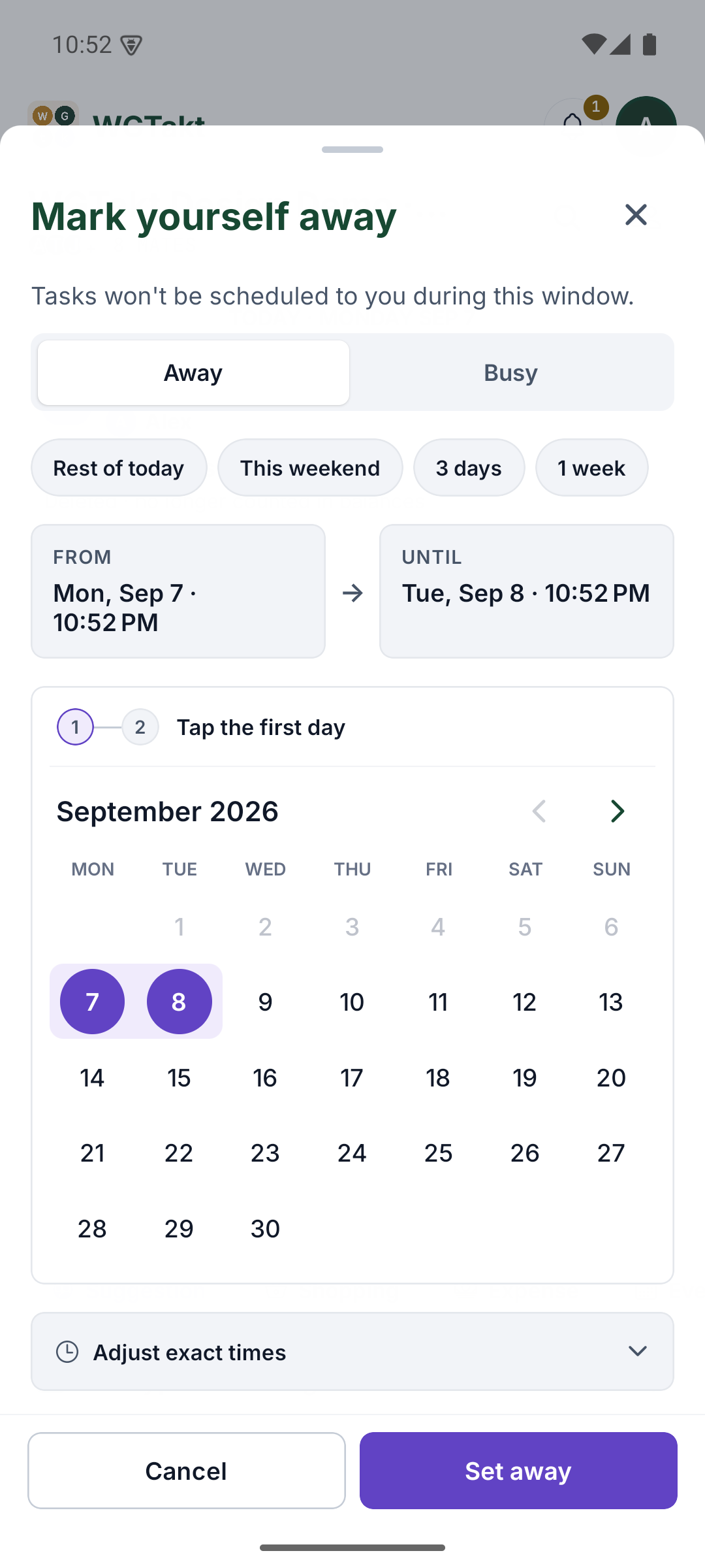 A range selected directly on the calendar